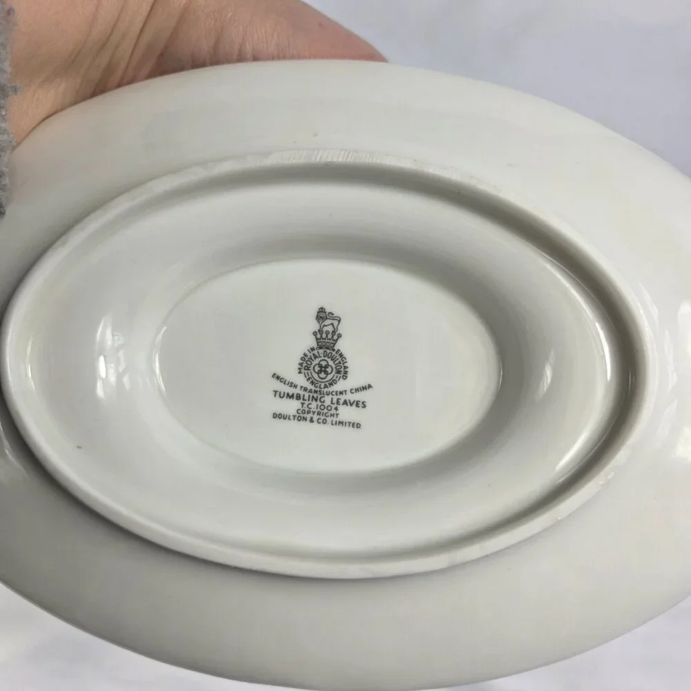 Royal Doulton Tumbling Leaves Gravy Boat & Underplate Gray & Pink Leaves